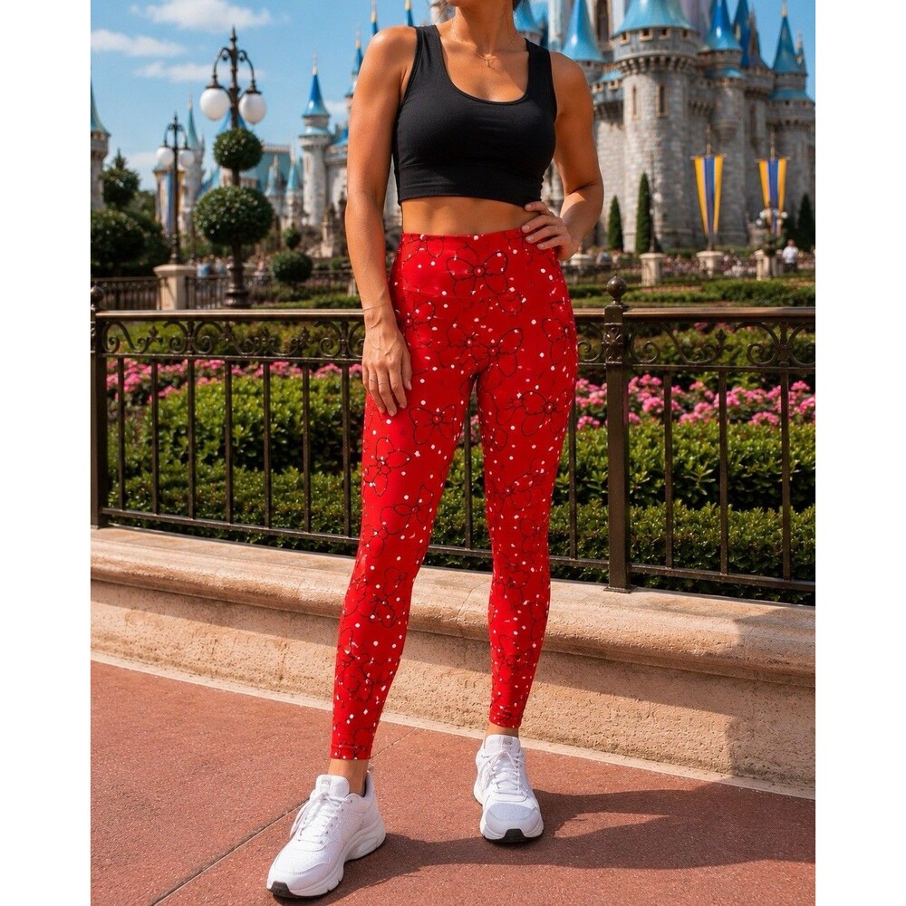 Disney Bow Polka Dot Leggings Womens XL Red Minnie Mouse Stretch High Rise Parks